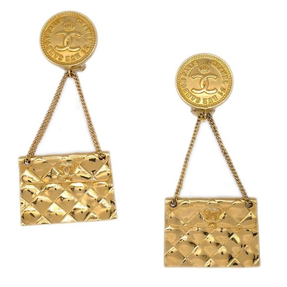 Auth Chanel Bag Motif Dangle Earrings Clip-On Gold - Picture 1 of 4